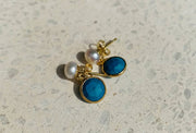 Boucles d'oreilles pendantes Perles d'Orient Bouton Perle Turquoise - Or/Blanc/Bleu Turquoise