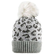 Dents Jacquard Leopard Print Pattern and Faux Fur Pom Pom Knitted Bobble Hat - Dove Grey