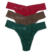 Hanky Panky Signature Lace 3 Pack Original Rise Thong - Cranberry Red/Brown/Ivy