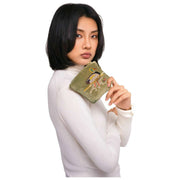 Powder Embroidered Velvet Duck Mini Pouch - Green