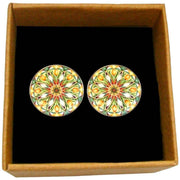 Bassin and Brown Kaleidoscope Flower Spray Cufflinks - Green/White/Orange
