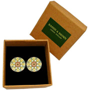 Bassin and Brown Kaleidoscope Flower Spray Cufflinks - Green/White/Orange
